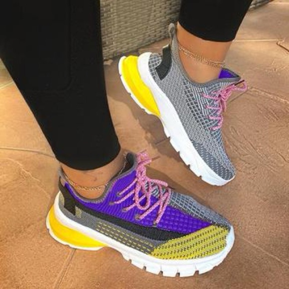 Stylish Women's Sneakers in Gray, Purple, and Yellow